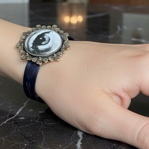 Fornasetti black leather Bracelet with black Band Evil eye Protection